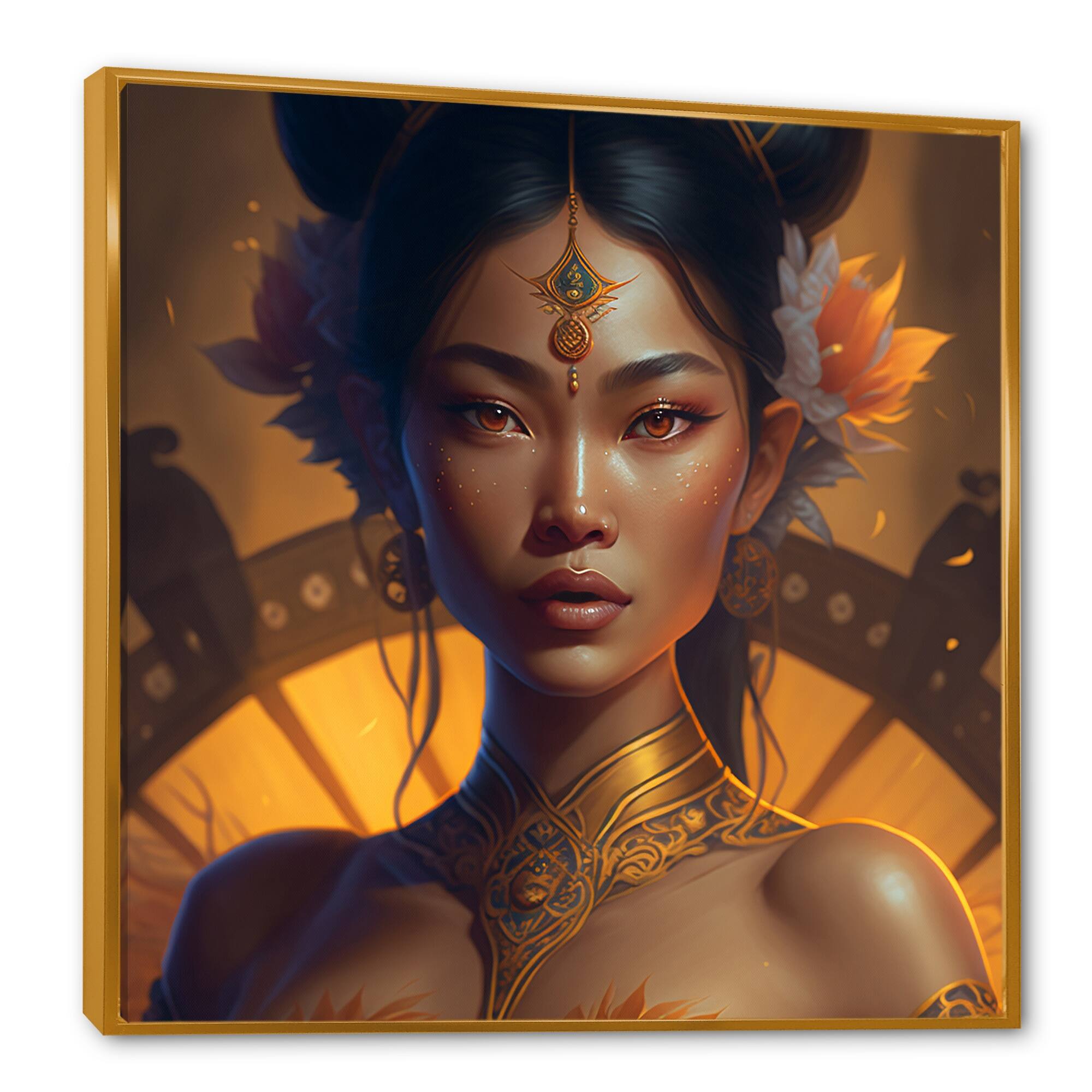 Designart "Elegant Asian Lotus Goddess IV" Asian Woman Framed Canvas